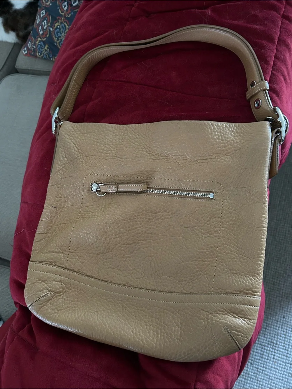 Coach Tan Pebbled Leather Hobo with Front Zip Pocket